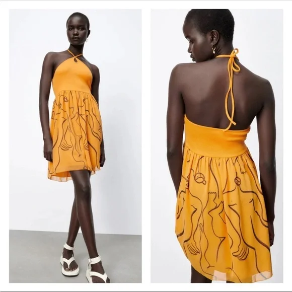 Zara x Dina Bukva Collab Yellow Art Deco Print Mini Swing Dress Small - Picture 1 of 6